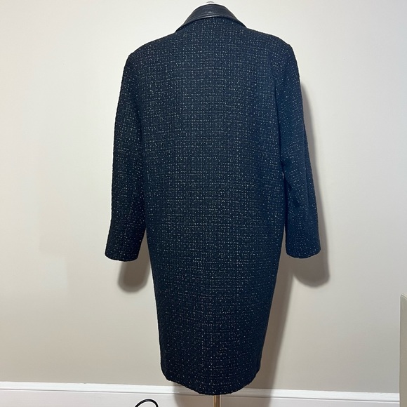 Vintage Otello Pelle Black & White Tweed Trench Coat with Leather Collar Size XL - Picture 4 of 11